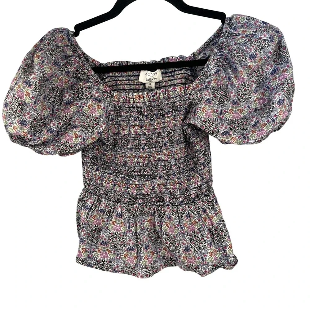 J. Crew Liberty of London Floral Smocked Peplum Squareneck Puff Sleeve Top SZS